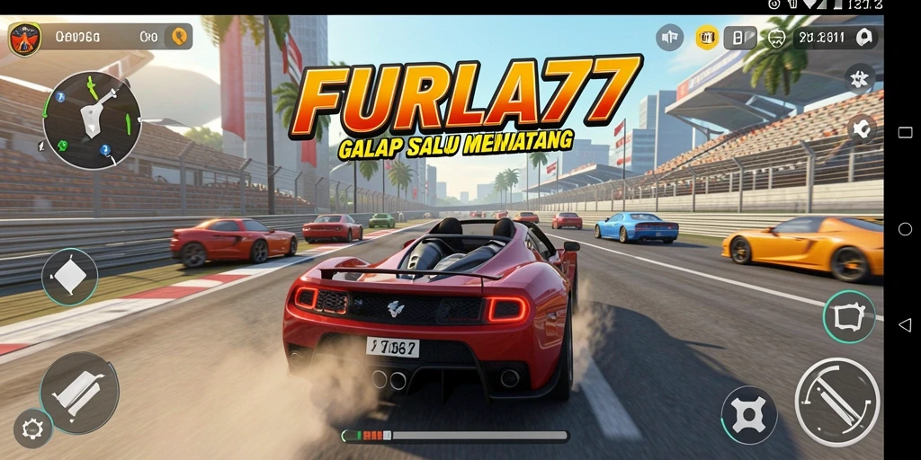 Screenshot FURLA77 menunjukkan aksi balap yang mendebarkan di trek penuh tantangan.