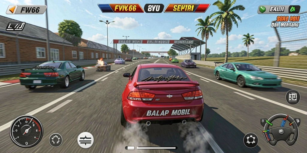 Tampilan gameplay FW66 dengan mobil balap yang melaju cepat di trek.