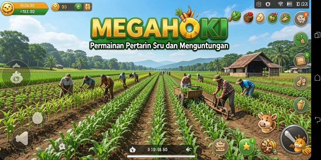 Tampilan gameplay <strong>MEGAHOKI</strong> yang menampilkan kebun penuh warna dan hewan ternak.