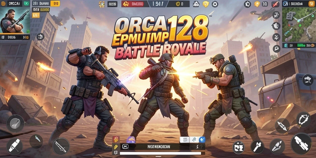 Tangkapan layar gameplay <strong>ORCA128</strong> dengan pertempuran intens Battle Royale.